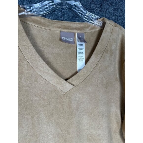 Chicos Faux Suede Tunic Top Size 2/L/12 Tan 3/4 Sleeve Western Cowgirl Country - Picture 4 of 12